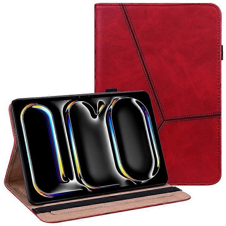 Husa tableta, piele PU rosie, suport pliabil, 3 sloturi card, 13 inch