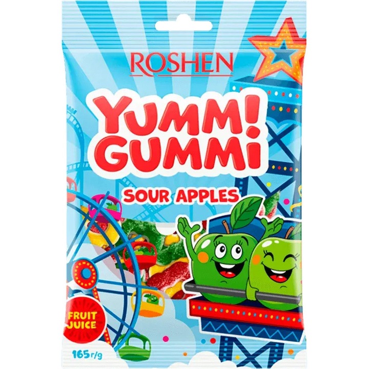 Savanyú porral bevont alma alakú zselékeverék, Roshen Yummi Gummi sour apples 165gr