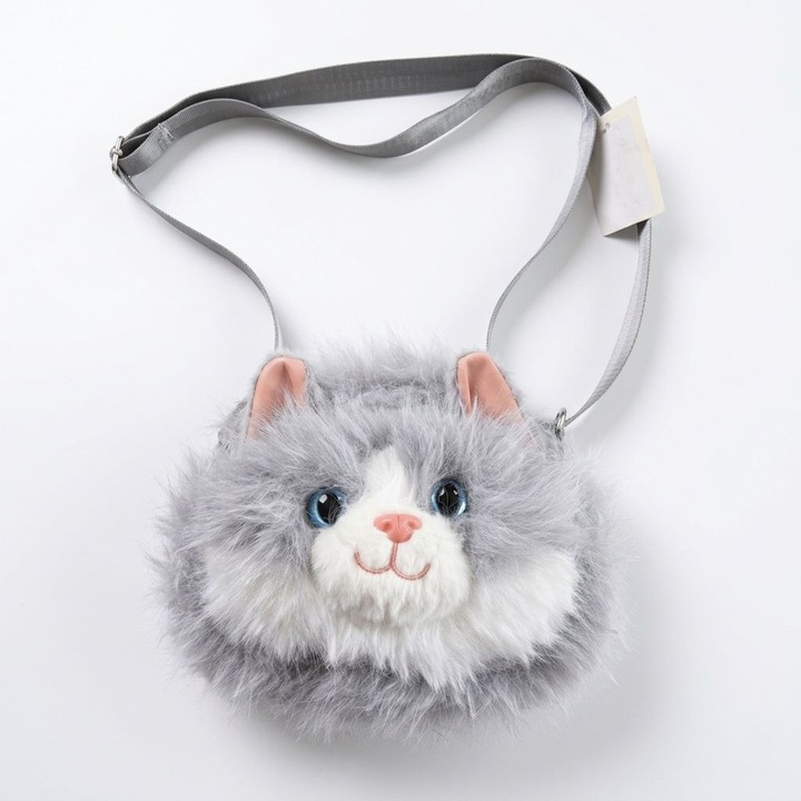 ArtemisGift válltáska kislányoknak, plüss macska modell, állítható pánt, 22 cm, szürke
