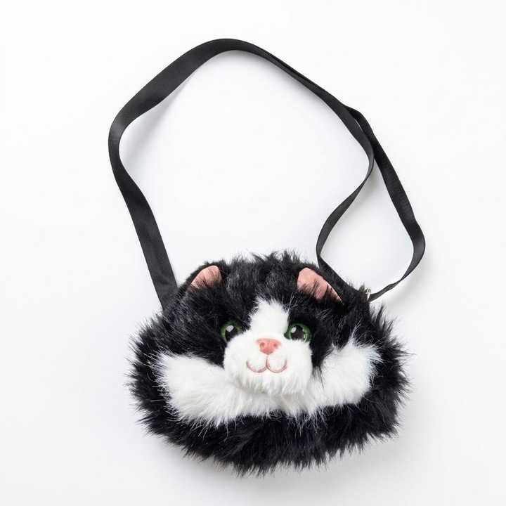 ArtemisGift válltáska kislányoknak, plüss macska modell, állítható pánt, 22 cm, fekete