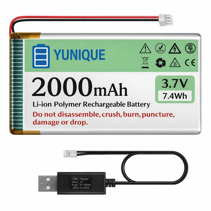 Baterie LiPo 3.7V 2000mAh 103450 cu Conector Micro JST 2.0 + Incarcator USB – Pentru Arduino, ESP32, Drone si Proiecte Electronice