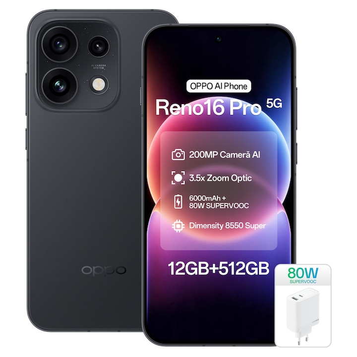 Telefon mobil OPPO Reno 16 Pro, 512GB, 12GB RAM, 5G Dual SIM, Baterie 6000mAh, 200 MP Camera AI, Starlight Black + Incarcator OPPO 80W SuperVOOC