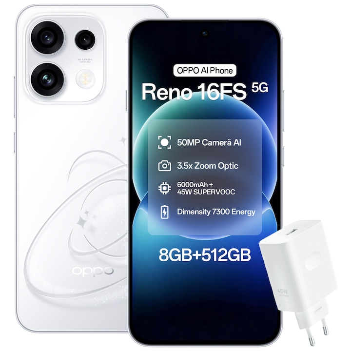 Telefon mobil OPPO Reno 16 FS, 512GB, 8GB RAM, 5G Dual SIM, Baterie 6500mAh, Pop White + Incarcator OPPO 45W SUPERVOOC