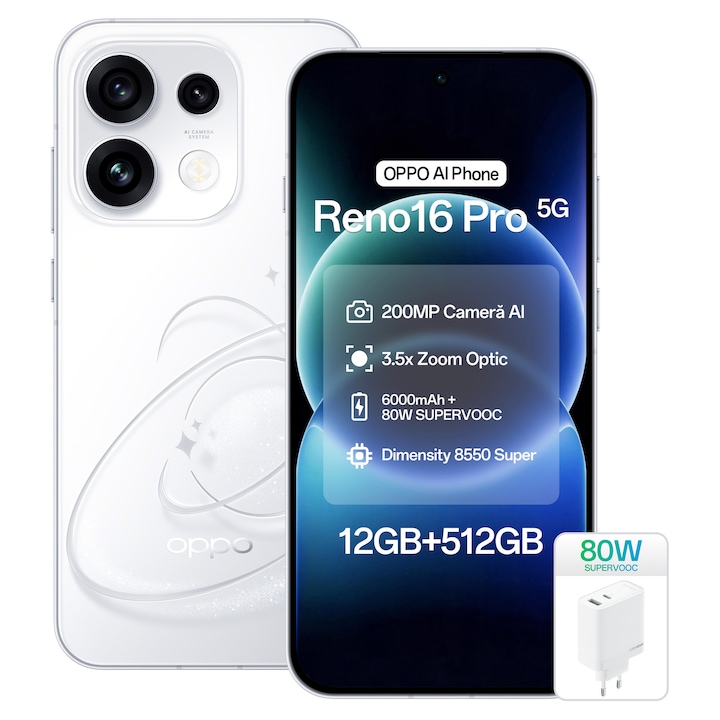Telefon mobil OPPO Reno 16 Pro, 512GB, 12GB RAM, 5G Dual SIM, Baterie 6000mAh, 200 MP Camera AI, Pop White + Incarcator OPPO 80W SuperVOOC