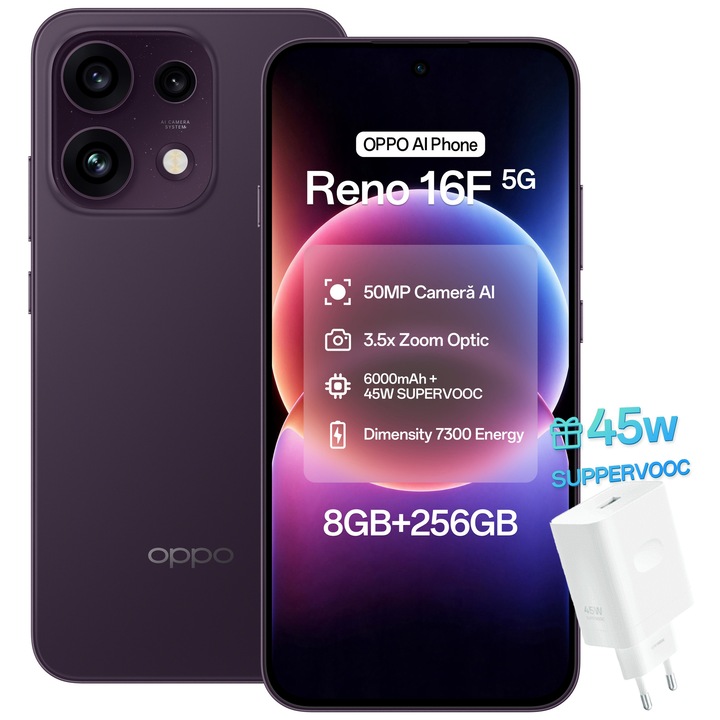Telefon mobil OPPO Reno 16 F, 256GB, 8GB RAM, 5G Dual SIM, Baterie 6500mAh, 50MP Camera AI, Purple Black + Incarcator OPPO 45W SUPERVOOC