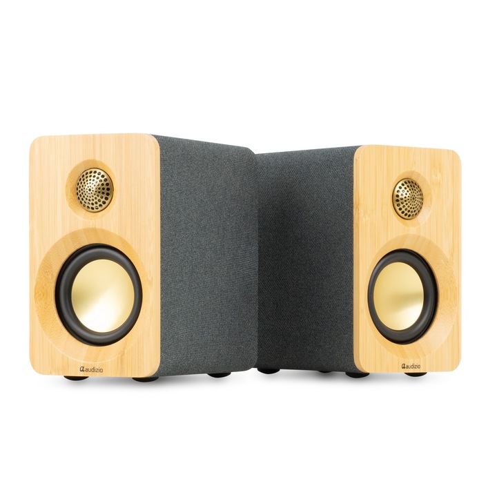 2 db aktív polchangszóró szett, 3", 50W RMS, Bluetooth/USB, bambusz/szürke, Audizio KS16