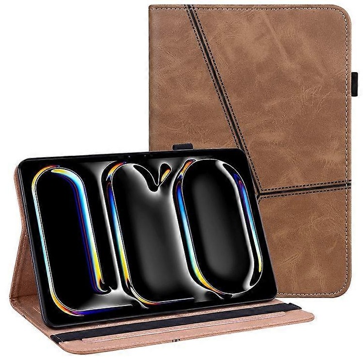 Husa tableta maro, piele PU, suport pliabil, 3 sloturi card, 13 inch