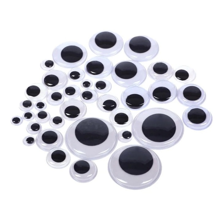 Set 200 ochi autoadezivi pentru mestesuguri, dimensiuni cuprinse intre 6 si 24 mm, plastic, alb, negru
