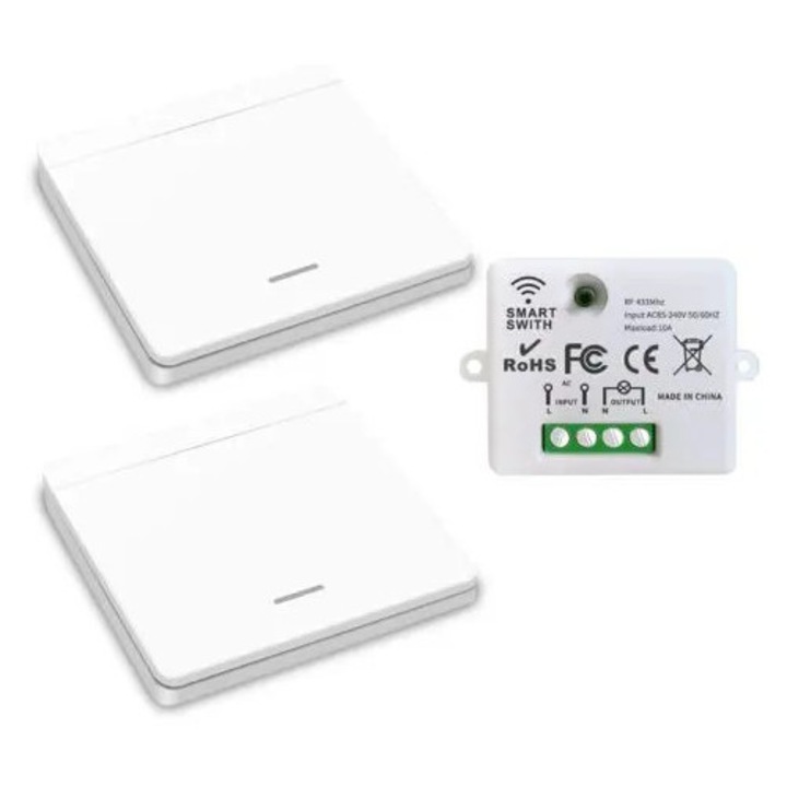 Vezeték nélküli kapcsoló 433MHz, 50m hatótáv, IP44, 1500W, 12V elem