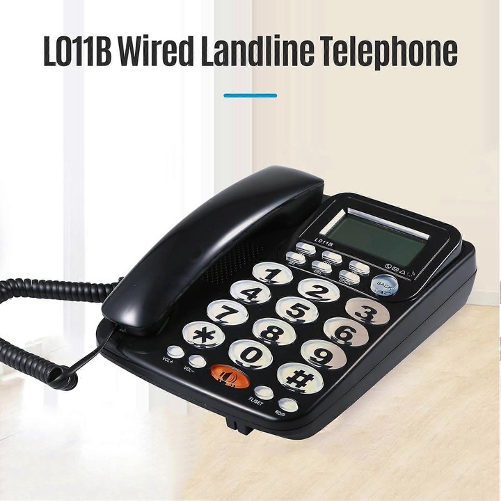 Telefon fix birou, ecran LCD reglabil, negru, 21.5x16.5x7cm