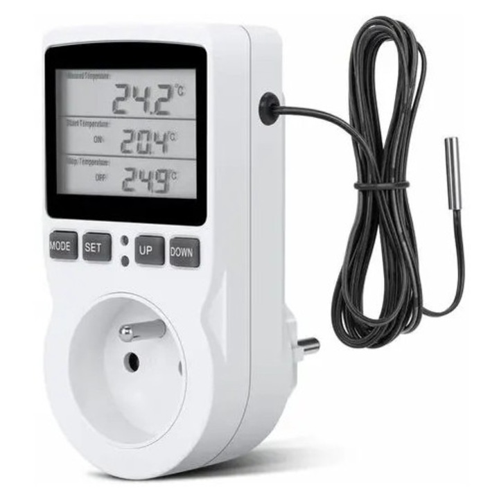 Programozható digitális termosztátos aljzat, hőmérséklet-szabályozás -40-120°C, LCD kijelző, fűtés-hűtés funkció