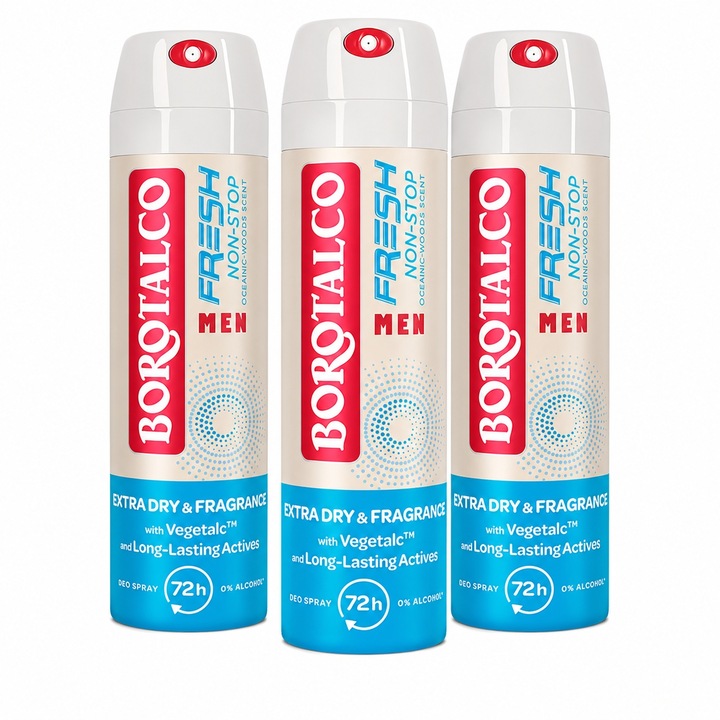 Комплект дезодорант спрей антиперспирант за мъже Fresh Non-Stop Borotalco, 3 x 150 мл
