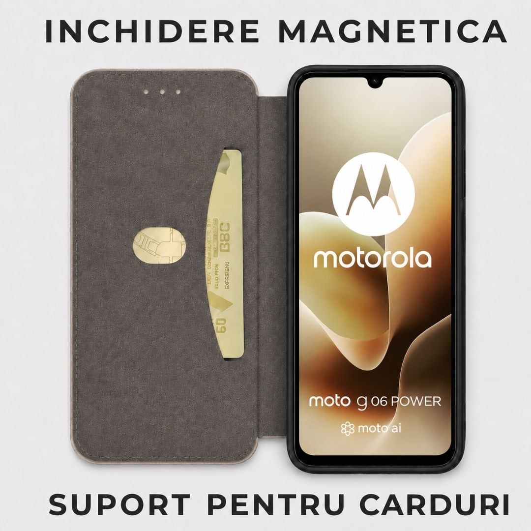 Husa tip carte pentru Motorola Moto G06 Power cu inchidere magnetica, Rezistenta la socuri, Functie de suport, Protectie completa (fata+spate) - Negru