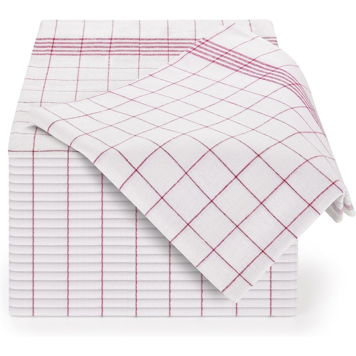 Set Prosoape Bucatarie Premium 45x62 cm Bumbac - Pachet de 20 - Prosoape de Vase - Ultra Absorbante - Design Elegant in Carouri - Rosu