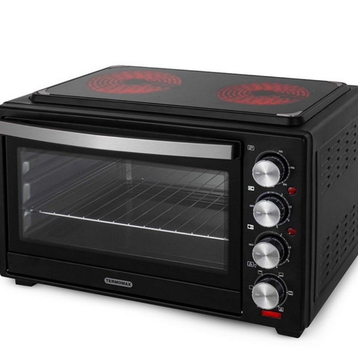 Компактна печка Termomax TXC366CLI, Фурна + Два керамични котлона в едно, 1500W, Вентилатор, Вътрешна лампа, 533 × 326 × 348 милиметра, Черен