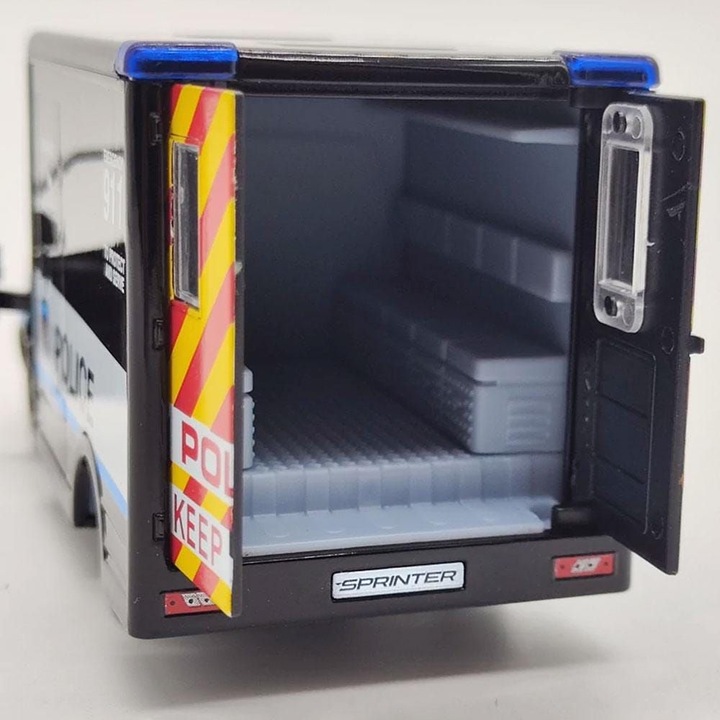 Mercedes Sprinter rendőrautó modell, fekete, 1:46 méretarányú, fém Welly replika, nyitható rugós ajtókkal