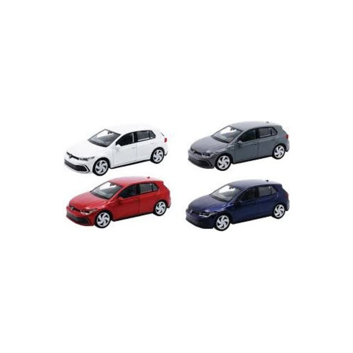 Volkswagen Golf 8 GTI modellautó, kék, 1:34 méretarányú fém replika, nyitható ajtók rugóval