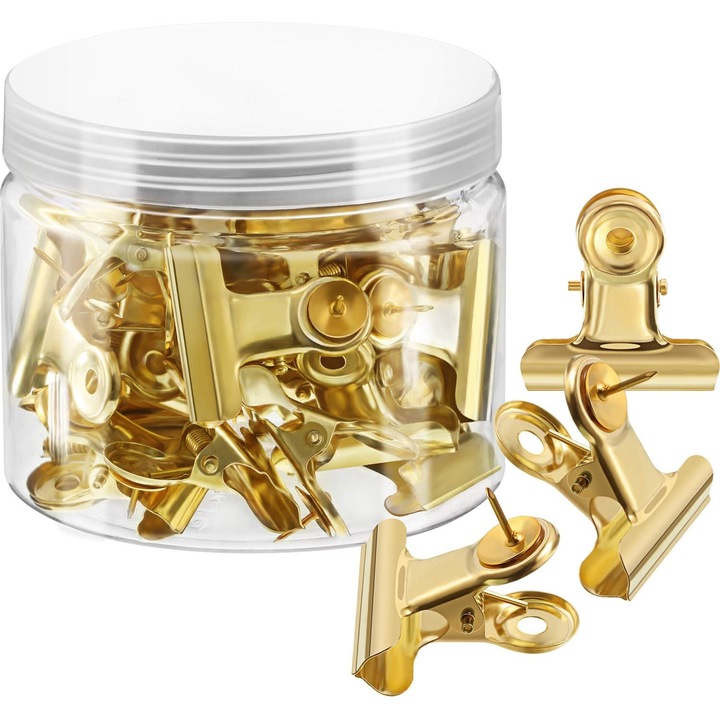 Set 30 clipsuri metalice cu pioneze, rezistente, auriu, 31mm