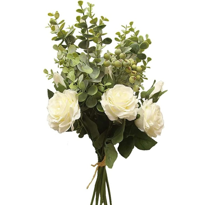 Buchet flori artificiale, 9 trandafiri matase, eucalipt, multicolor, 46x18cm