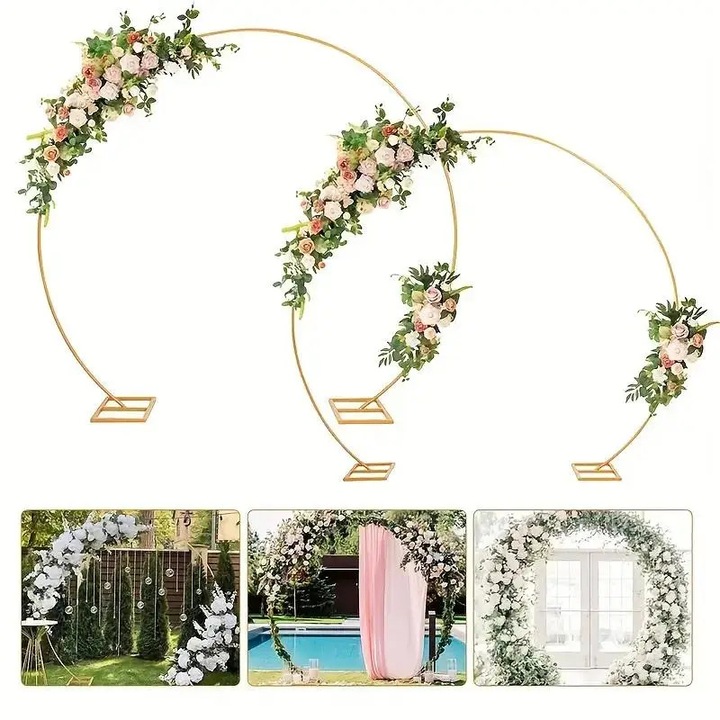Suport arc rotund metalic, arc baloane si flori, decor nunta si baby shower, fundal foto pentru petrecere, set 2 bucati, 2 x 1, 8 m