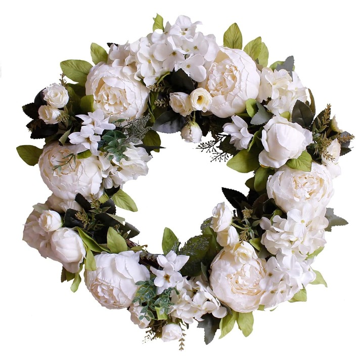 Coronita decorativa cu flori artificiale alb si verde 40x20cm