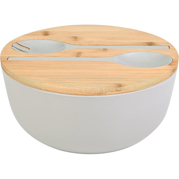 Bol salata bambus, set cu capac lingura si furculita, albastru-verde, 25x13cm