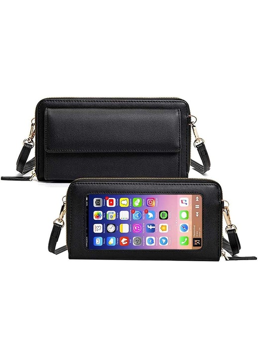 Női PU bőr crossbody táska, telefontartó zseb, fekete, 21x3x11.5cm