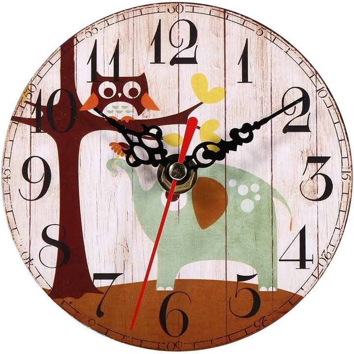 Vintage fekete-piros kerek falióra természetes fából, 30x30cm