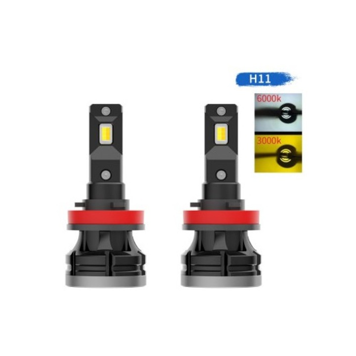 2 db H11 Canbus autós LED szett, 3000K/6000K, 50W teljesítmény, 10.000 Lm fényerő, 12-24V