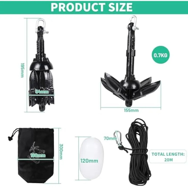 Ancora pliabila 1.5 kg set cu franghie 20 m si pluta rosie pentru caiac si barca