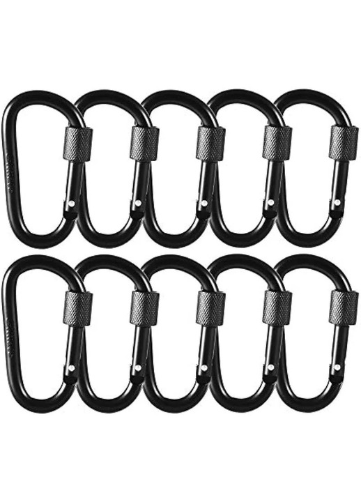 10 db fekete alumínium karabiner készlet, 8x4.2cm, csavaros zárral