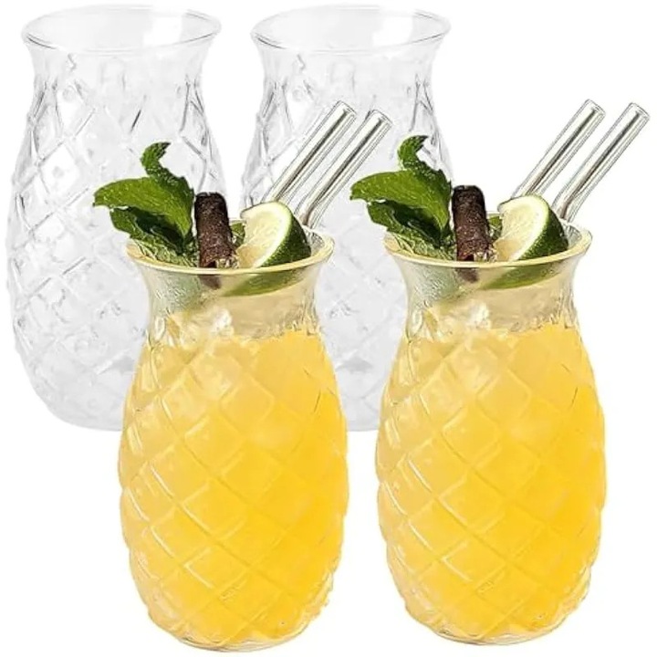 Set 4 pahare cocktail 480ml, design ananas, transparente, cu pai din sticla