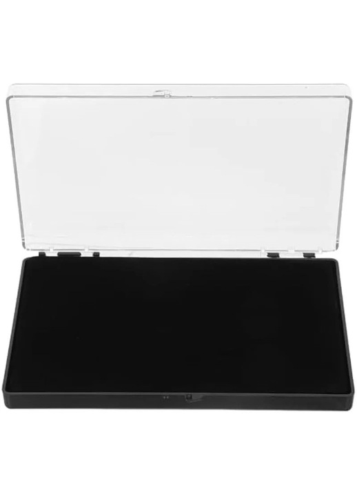 Ékszer- és éremtartó doboz 200x120x30mm, átlátszó, fekete filc alappal, kompakt ütésálló rendszerező