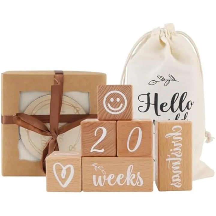 Cuburi lemn pentru bebelusi set 3/6 piese, decor floral, natural, 5x5x5cm