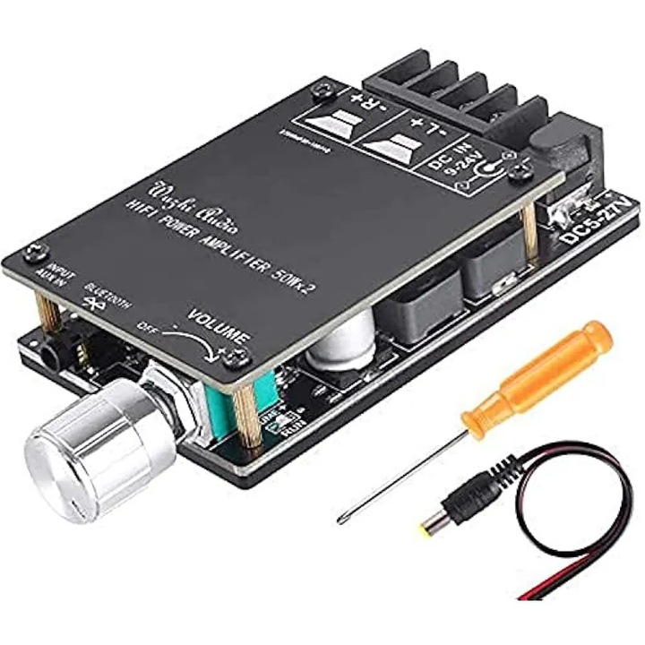 Sztereó erősítő 2x50W Bluetooth 5.0, TPA3116D2, kétcsatornás, fekete, 5V-27V
