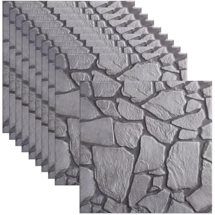 3D dekoratív falpanelek, öntapadós PVC, szürke tégla hatású, 30x30x0.5cm, 10 darabos szett