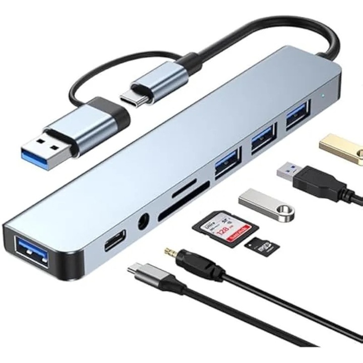 USB C Hub 8 az 1-ben, multiport adapter, alumínium, fekete, 12x4x1cm