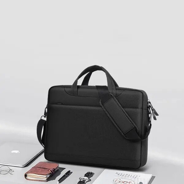 Geanta laptop din poliester, compartiment 360° cu perna din fleece pentru protectie, pentru laptop pana la 18 inch, curea de umar detasabila, Negru, 45 x 37 x 7 cm