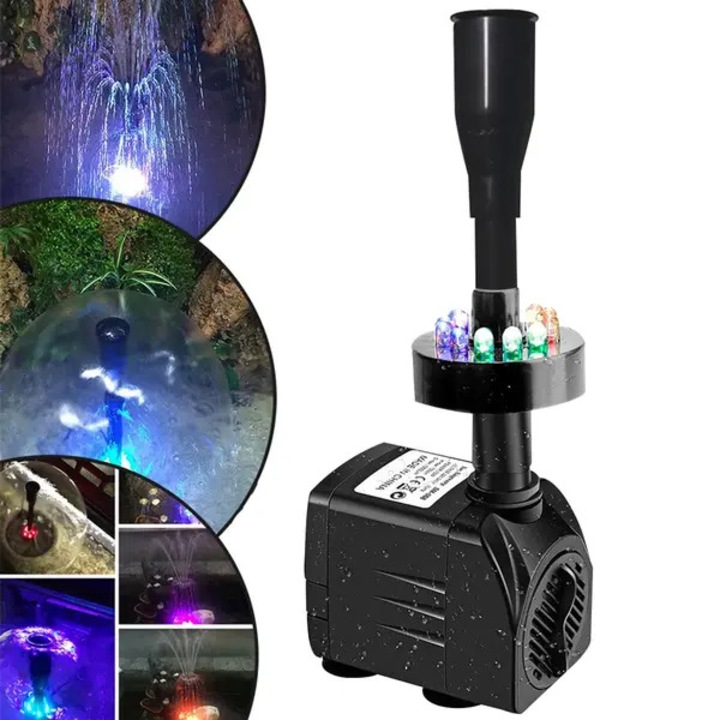 Потопяема водна помпа с LED, 15W, 1000L/h, 7x5x6cm, бяла