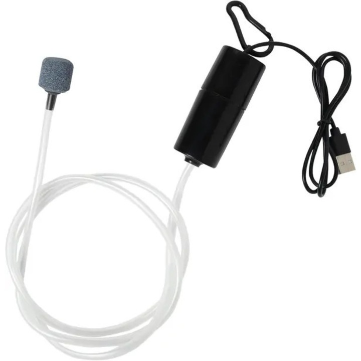 Преносима USB помпа за въздух за аквариум, черна, 100g, комплект с въздушен камък и силиконов маркуч