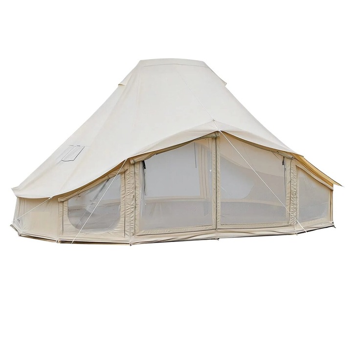 Glamping jurta sátor 4 évszakos, 6 x 4 x 3.1 m, 10-12 személyes kapacitás, hálós ablakok, légáteresztő vászon, bézs, kályhacső nyílás