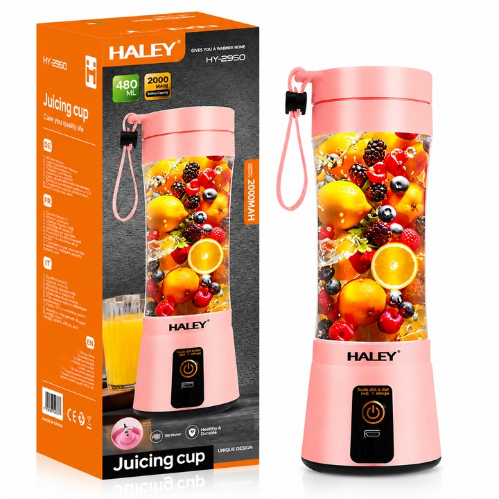 Hordozható Turmixgép Haley HY-2950, 480 ml, 2000 mAh Akkumulátor, USB Újratölthető, Mini Smoothie Készítő Gyümölcsökhöz és Zöldségekhez