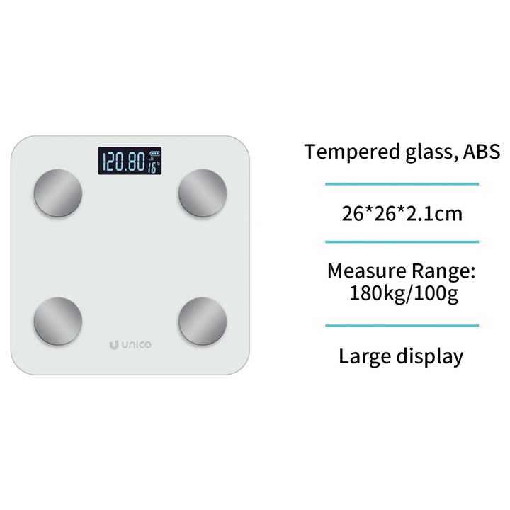 Cantar Electronic Inteligent Body Fat Scale de Inalta Precizie, Analiza Compozitie Corporala, Conectare Bluetooth, Sticla Securizata cu Afisaj Digital, Dimensiuni 26x26x2.1cm, Capacitate Max.180kg