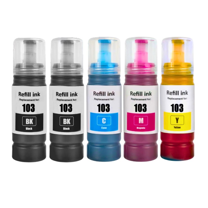 Set 5 bucati flacoane cerneala compatibila Epson 101 / 102 / 103 / 104, CMYK, negru, cyan, magenta, galben, 350ml, 31.500 pagini, pentru Epson L1110, L1210, L1250, L3100, L3101, L3110, L3111, L3116, L3150, L3151, L3156, L3160, L3210, L3250, L5190, L5290