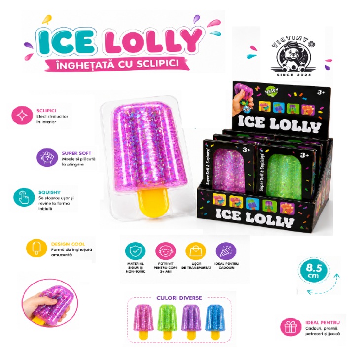 SQUEEZE 2026 VICTINY® Squishy fagylalt nyalóka GLITTER-rel, 8,5 cm, interaktív játék gyerekeknek és felnőtteknek, stresszoldó
