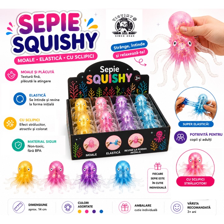 SQUEEZE 2026 VICTINY® Squishy játék SZÉPIA / POLIP GLITTERREL, 8 cm, interaktív játék gyerekeknek és felnőtteknek, stresszoldó