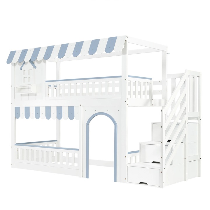 Pat supraetajat pentru copii, Cadru din lemn, Cu scara si dulap de depozitare, Design cu ferestre si detalii decorative, Dimensiune 90 x 200 cm, Albastru