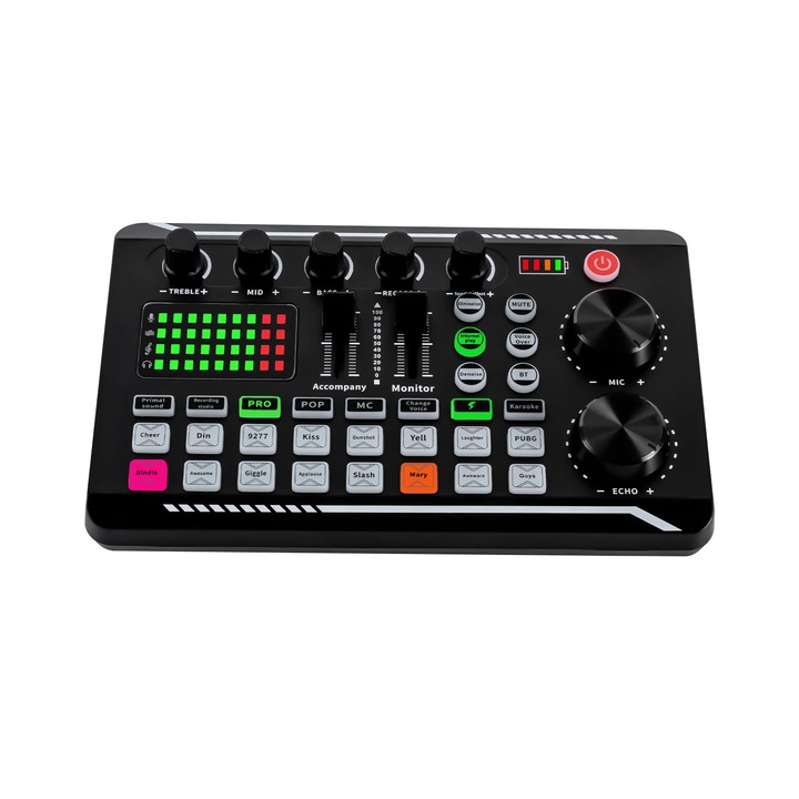 F998 Placa de sunet live pentru streaming/podcast/karaoke, USB-C, Bluetooth, 12 Efecte sonore, 4 Efecte de schimbare a vocii, EQ pe 3 benzi, Adaptor de retea inclus, Negru