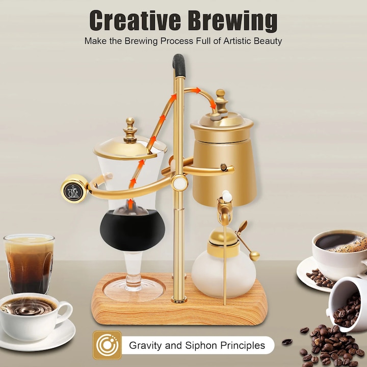 Sifon pentru cafea Corenia QRE-5016527, manual, borosilicat si inox cu finisaj vintage auriu, capacitate 400 ml, 23,5 x 12 x 38 cm