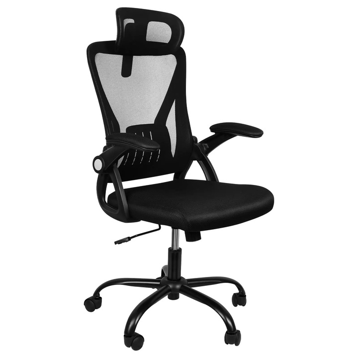 Scaun ergonomic de birou, Scaun pentru birou, inclinare 90–130° cu blocare, inaltime reglabila, tetiera din plasa, pivotant cu brate si roti, Negru